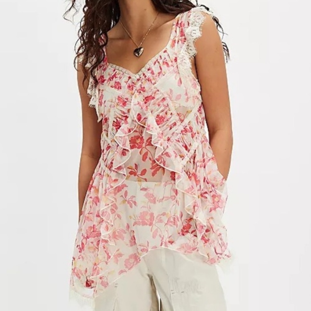 Free People Floral Ruffle Lace Trim Tunic in Red and Cream